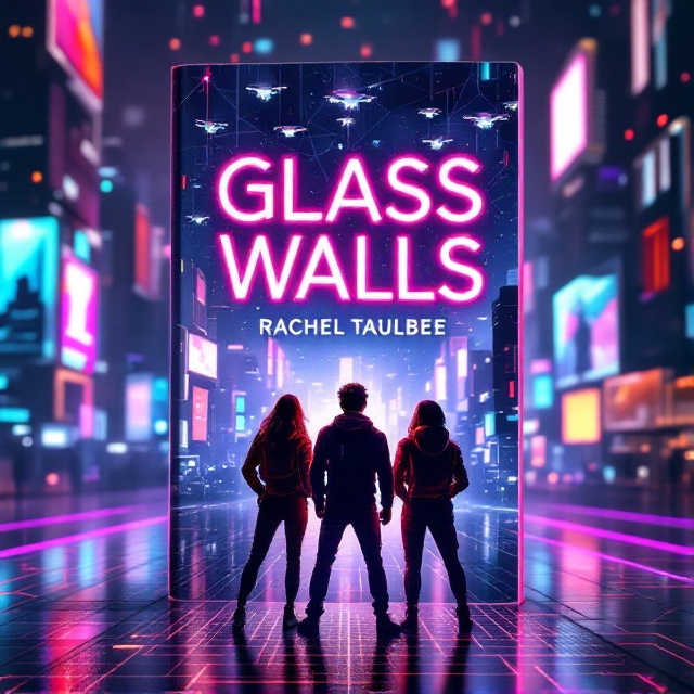 A sleek digital landscape with neon-lit skyscrapers, holographic billboards, and floating drones. In the foreground, friends in high-tech gear stand in a triumphant pose, one subtly highlighted as the secret leader. The backdrop includes a net matrix with virtual reality elements weaving through the scene.