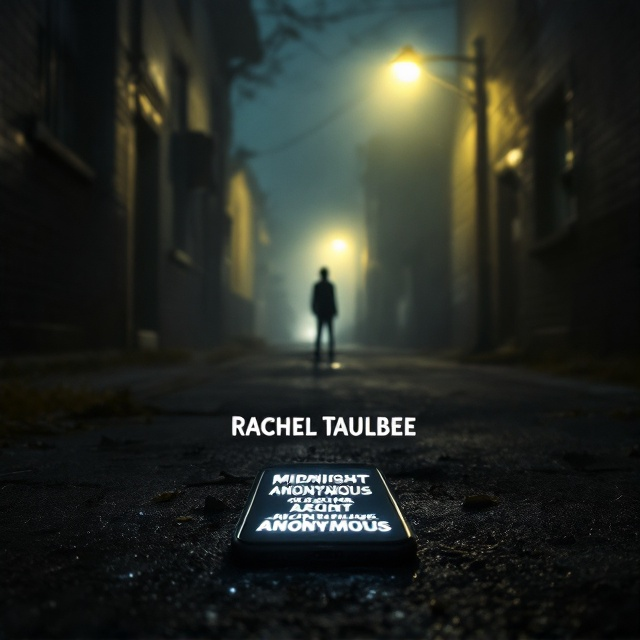 Dark, foggy alleyway with a dim street light creating long shadows. An abandoned phone on the ground with an illuminated screen displaying a series of unsettling, anonymous texts. A silhouette standing in the distance, partially obscured by fog. Elements of flickering light effects to add tension.