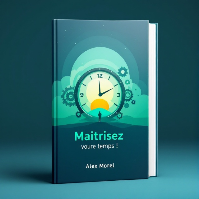 The cover features an abstract image of a modern clock with gears and cogs, symbolizing time management and efficiency. The background is a gradient of blue and green, suggesting calmness and productivity. A silhouette of a rising sun is subtly included to convey motivation and a fresh start.