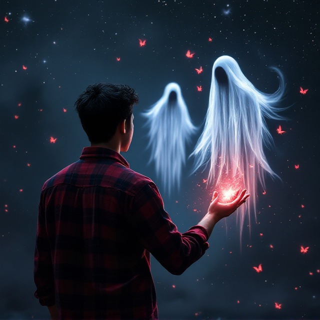 A night-time scene with a dark, starry sky. The 19-year-old Hispanic boy stands in the foreground, wearing a red flannel shirt, with his back turned to the viewer, looking towards two ethereal ghost figures that float in the mid-background. His right hand, reaching out to the ghosts, glows with a mix of crimson red and black energy. Crimson butterflies swarm around him, their glow casting an eerie light. In the background, mysterious runes faintly illuminate the darkness.