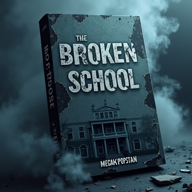 The cover features a dark, abandoned school building enveloped in a thick, swirling mist. The building's windows are shattered, and smoke seems to seep out, creating an eerie, foreboding atmosphere. The background is predominantly dark with muted shades of navy and charcoal, adding to the spooky ambiance. The title "The Broken School" appears fragmented, as if it’s breaking apart, with jagged edges that mimic shattered glass.