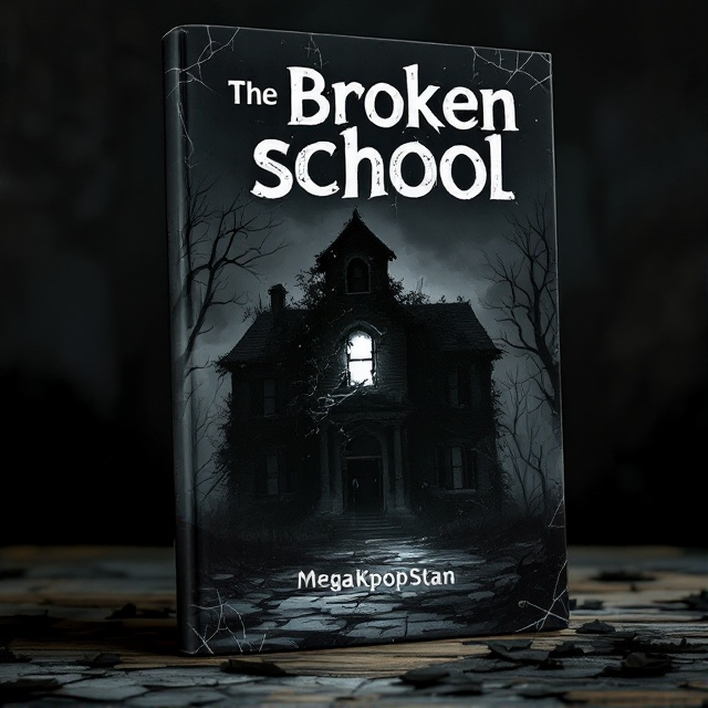 standing book mockup, Its title is "The Broken School". Its author name is MegaKpopStan.  Dark and shadowy illustration of an old, abandoned school building, partially covered with creeping ivy. The background is black with varying shades of gray to create depth and moodiness, with faint ghostly figures visible in the shadows around the building. A single broken window with light seeping through, casting eerie shapes. Use of a bold, sans-serif typeface for the title, "The Broken School" with a cracked or shattered effect. The author's name "MegaKpopStan" below in a smaller, clean sans-serif font with a slight distressed look., The title is placed at the top of the cover, large and eye-catching. The illustration of the school dominates the center of the cover, with the ghostly figures subtly woven into the background. The author's name is at the bottom, aligned to the center.