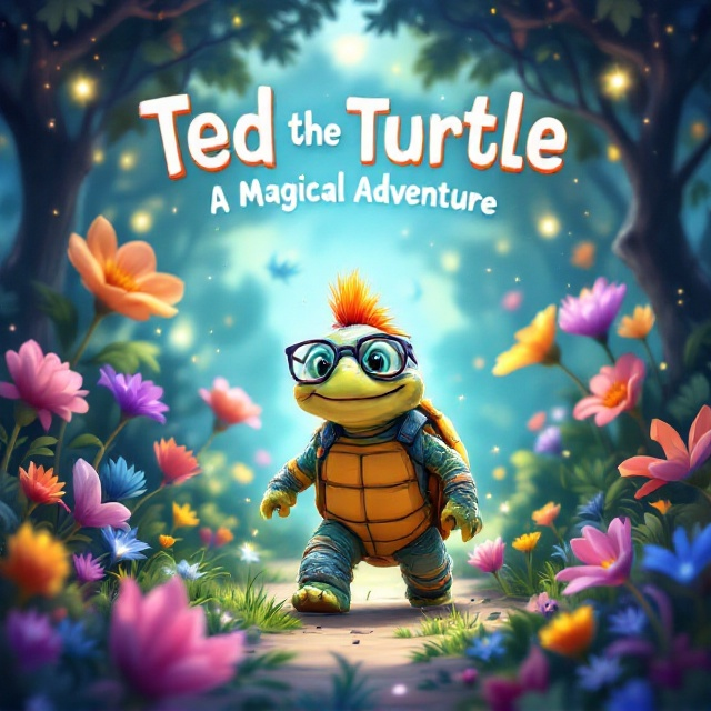 Ted the turtle with a mohawk, colorful clothes, and glasses is joyfully walking through a lush, vibrant magical forest, filled with oversized flowers, whimsical trees, and glowing creatures. The scene is depicted in bright, cheerful colors with a slightly cartoonish, playful style. The background has a blend of blues and greens, with light sparkles to emphasize the magical element.