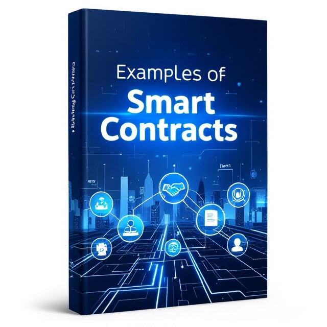 The cover features a futuristic cityscape with glowing lines and geometric shapes representing the digital and technological aspects of smart contracts. The background is a gradient of blues and whites, creating a sense of depth and a clean, modern look. In the foreground, there are icons symbolizing contract elements, such as a handshake, a blockchain, and a legal document, all interconnected by bright, neon lines.