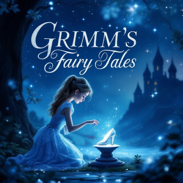 Cinderella is depicted kneeling in the foreground with a look of hope on her face as she reaches out toward a sparkling glass slipper placed atop a pedestal. The background features a dreamy, star-lit night sky with a hint of a castle silhouette in the distance, adding depth to the scene. The bright blues and silvers dominate the color palette, creating a vibrant and magical atmosphere.