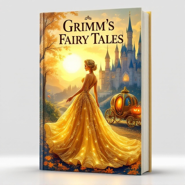An illustration of Cinderella in a flowing, radiant golden ball gown with intricate patterns, standing gracefully with one foot slightly lifted, displaying the delicate glass slipper. She stands near a grand, enchanted pumpkin carriage, sparkling under the soft, dreamy light of a warm golden sunset. In the background, a majestic castle with several spires glows with soft blue hues, surrounded by a serene, slightly misty landscape.