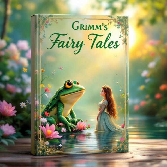 A picturesque and enchanting scene captures the viewer. The frog prince, a charming and regal frog, sits poised by the water's edge, surrounded by vivid, colorful flowers in bloom. He gazes intently at the princess, who stands gracefully next to him, her dress flowing elegantly. The background consists of softly glowing greens and blues, giving the scene a dreamy, magical quality. The sun sets in the distance, casting a soft yellow glow over everything, enhancing the feeling of anticipation and hope.
