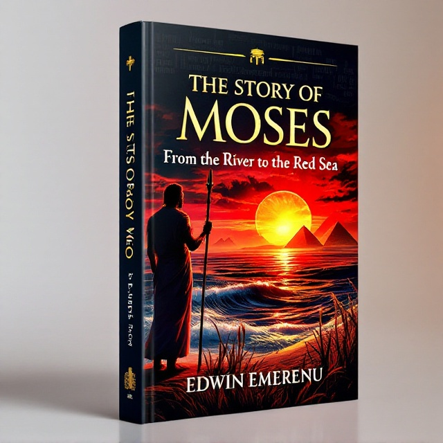 Moses standing with a staff in hand, facing a parted Red Sea, with the Nile River in the foreground. The background features a dramatic sunset with red and orange hues. The foreground includes reeds by the river’s edge. The back cover showcases pyramids in the distance with a semi-transparent overlay of hieroglyphics.