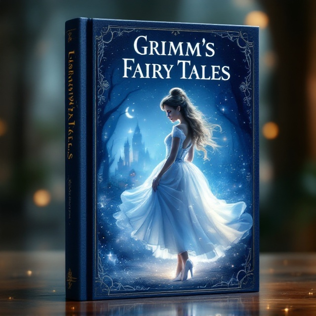 The cover centers on Cinderella as she gracefully slips her foot into a shimmering glass slipper. In the background, a dreamlike palace is faintly visible, symbolizing her hopeful future. A soft glow encompasses Cinderella, alluding to her magical transformation. The midnight clock and the pumpkin carriage are subtly blended into the blue-tinted background, adding a sense of depth and intrigue without detracting from the focus on Cinderella. The overall color palette employs fluid hues of soft blues, whites, and silvers, exuding an ethereal elegance.