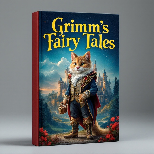 The cover features Puss in Boots in the center, exuding charm with a confident stance and playful smirk. He wears stylish, ornate boots and holds a small bag, suggesting cleverness and humor. Behind Puss, a lavish castle looms in the background, surrounded by a serene countryside. The sky is a gradient of blues, suggesting a magical twilight, while red and gold accents highlight the castle and elements of Puss's attire.