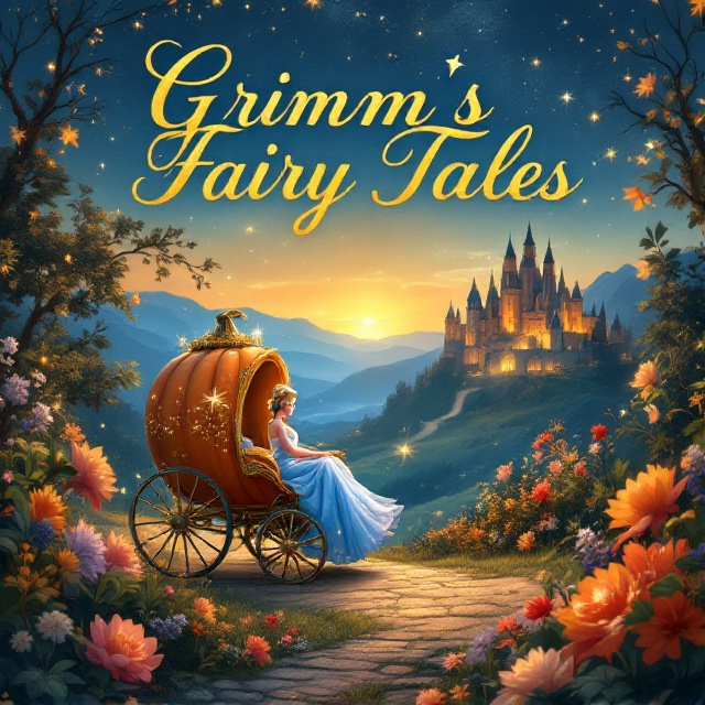 A magical night scene with a warm golden sky transitioning into soft blues near the horizon. Cinderella sits cheerfully in a resplendent pumpkin carriage adorned with glistening sparkles. The scene is framed with vibrant, lush flowers and twinkling stars. In the background, a majestic castle glows under the charming night sky.