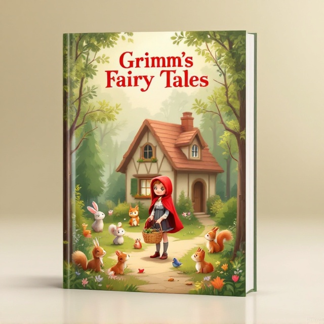 Little Red Riding Hood stands in the foreground, gently holding her basket. Surrounding her are friendly forest animals like squirrels, rabbits, and birds. Behind them, a cozy cottage representing her grandmother’s house is visible, partially obscured by lush, green trees. The scene is set in a calm, serene forest with soft reds, pastel greens, and creamy yellows dominating the palette.