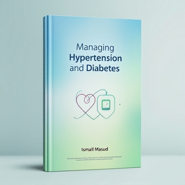 A background gradient from light blue to light green, representative of health and vitality. In the center, there’s a minimalistic heart icon combined with a glucose monitor symbol. These two symbols are interconnected with sleek lines, suggesting the interrelated management of hypertension and diabetes.