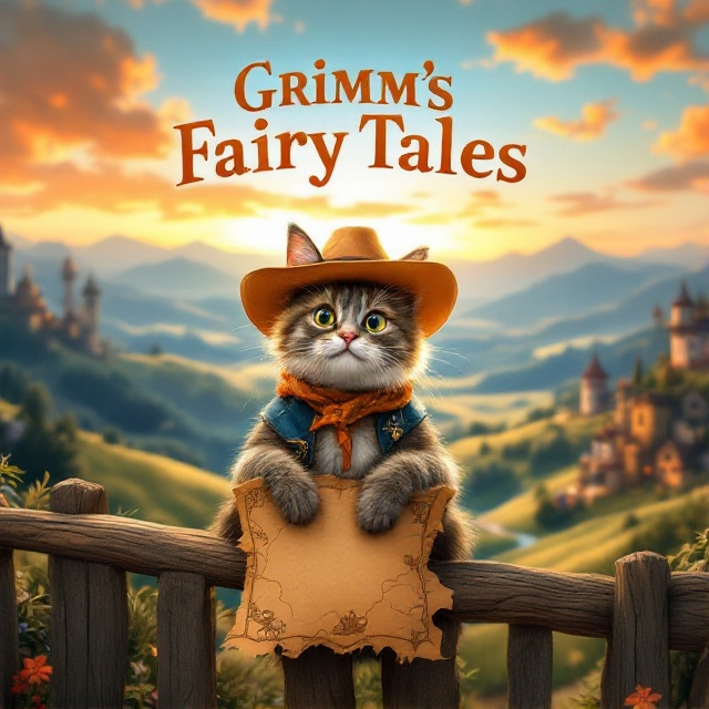 A whimsical cowboy cat sits confidently on a rustic wooden fence, clutching a treasure map in one paw. The cat wears a tiny cowboy hat tilted jauntily to one side, with a look of cleverness and mischief. Behind him, a vast, enchanting landscape filled with rolling hills, vibrant sunsets in oranges, and a few animated, medieval fantasy elements like jesters and whimsical buildings can be seen, reflecting a fantastical fairy tale world.
