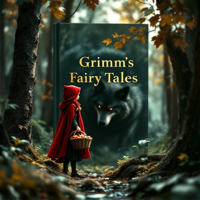 Little Red Riding Hood stands at the edge of a deep, shadowy forest. Her bright red cloak stands out against the dark greens and browns of the surrounding trees. She is carrying a rustic-looking basket filled with goodies. In the background, a sinister wolf is partially visible, lurking among the trees, its eyes gleaming with mystery and suspense. The forest is dense, with dappled light filters through the leaves, creating an atmosphere both enchanting and ominous.