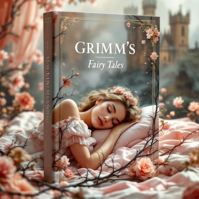 A delicate image of Sleeping Beauty, resting peacefully on a lavish bed adorned with soft pink and white linens. Beautiful flowers in shades of pink and gold are scattered across the bed, intertwining with mysterious, dark thorns. In the background, an ancient, majestic castle shrouded in mist adds a touch of mystery and anticipation. The entire scene is bathed in a gentle golden hue, creating a dreamy atmosphere.