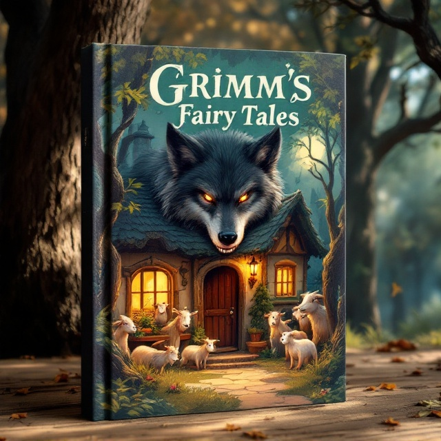 The cover features a cozy, rustic cottage nestled among towering trees, their leaves casting dappled shadows in warm browns and greens. In the foreground, a menacing dark gray wolf is partially obscured, peering from behind a tree with glowing eyes and a cunning grin. Inside the cottage, the seven little goats, rendered in softer, more pastel tones, are peeping out from behind various pieces of furniture. Their expressions are a mix of curiosity and apprehension. The door is slightly ajar, adding an air of suspense.