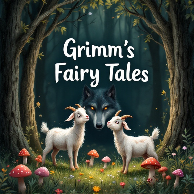 The cover features a whimsical woodland scene with playful goats frolicking in the foreground. Around them, mushrooms and flowers add to the playful ambience. In the background, the dense forest blends into darkness, with only the menacing eyes of the wolf peering between the trees.