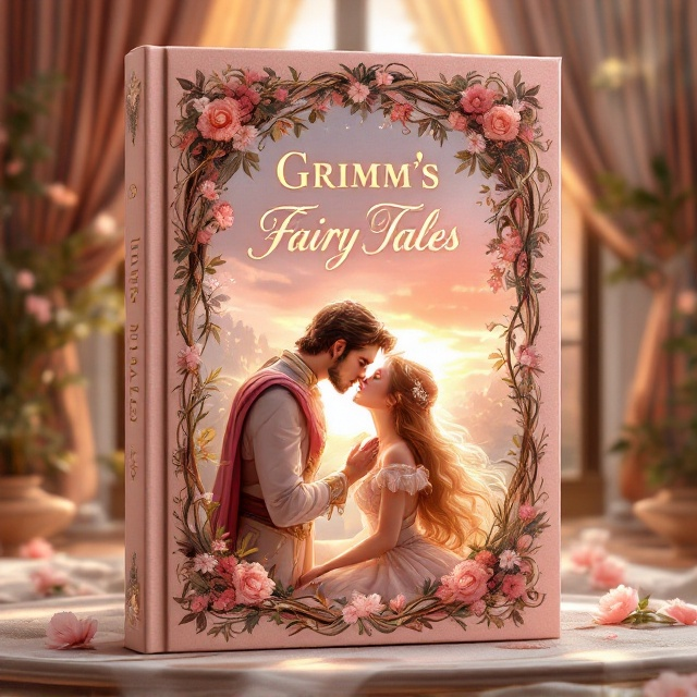 The cover features a delicate illustration of a regal prince gently kissing a sleeping beauty, surrounded by an intricate frame of vines and flowers. Behind them, a luxurious castle room is depicted with lush tapestries and a grand window. Soft, golden sunlight streams through, creating a dreamy, ethereal atmosphere. The colors are primarily shades of pinks and golds, with hints of warm pastels to enhance the romantic feel.