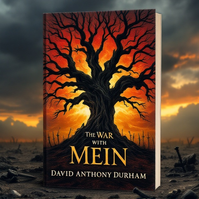 A giant, twisted, and branched tree stands in the center of the cover, casting elongated shadows across a desolate field. The sky behind the tree is a dramatic blend of red and yellow hues, blending to create a fiery backdrop. Dark clouds loom overhead, adding an ominous touch. The shadowy field appears scattered with traces of ancient battles, such as broken weapons and armor.