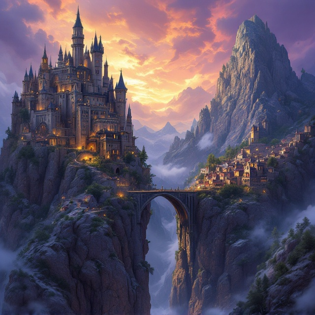 Two towering mountains dominate the scene, each with unique features establishing a majestic fantasy realm. The left mountain rises into the clouds with an expansive, intricate castle sprawling across its peaks, turrets piercing the sky. The right mountain hosts a bustling town, highlighted by myriad tiny details houses clinging to rocky surfaces, roads winding down its slopes. A grand arching bridge of ancient stone stretches between the mountains, suggesting a passage between realms. The sky is a dramatic swirl of purples and golds, hinting at a mystical sunset or sunrise.