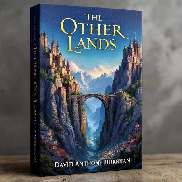 The cover features an expansive illustration of two imposing mountains. The mountains are connected by a stone, arching bridge. One mountain is crowned with a grand, intricate castle, its spires and turrets reaching towards the sky. The other mountain supports a bustling, lively town, with its multicolored rooftops and streets visible from the distance. The background is a sky infused with the colors of dusk, with stars beginning to twinkle above.