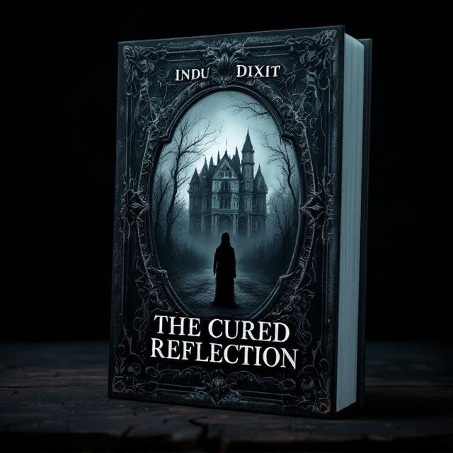 An intricate, vintage border frames the cover. In the center, there's an eerie old mirror with an ornate frame. The reflection in the mirror reveals a dark figure standing in front of a haunted mansion. The background of the cover is enveloped in shades of black, creating an ominous atmosphere with subtle, shadowy details of the haunted mansion in the distance.