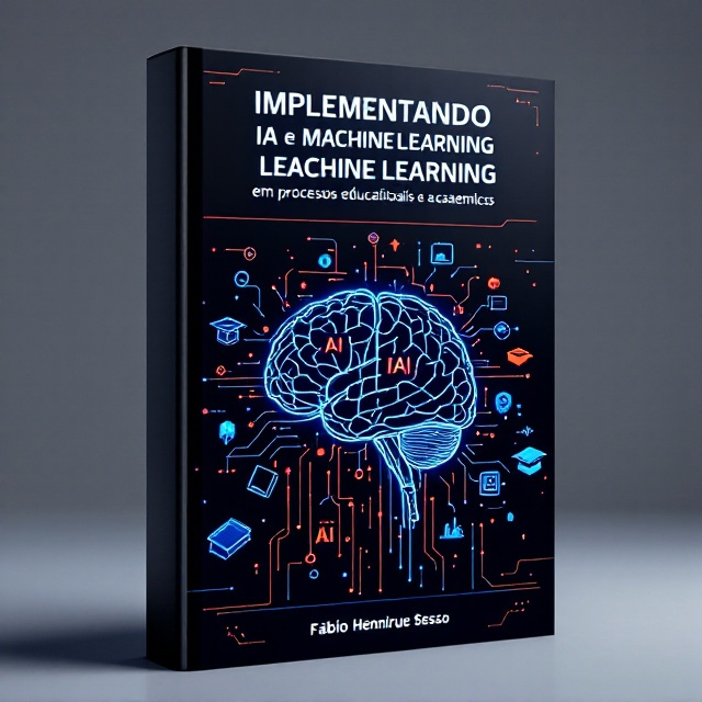 A sleek, dark background with abstract geometric shapes and circuit-like patterns representing AI and technology. Half of the cover features a glowing, futuristic brain illustration, partially digitalized to signify the integration of AI in education. Surrounding the brain are vibrant, holographic lines connecting to various educational icons - books, graduation caps, and academic graphs.
