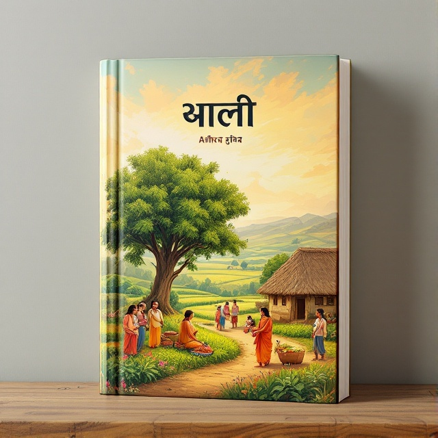 A vibrant oil painting illustration showing a bustling Indian village set against a backdrop of lush fields and thriving crops. Characters in traditional attire are depicted joyfully engaging in daily activities like farming and chatting under a banyan tree. The sky is painted in warm hues suggesting a delightful, sunny afternoon.