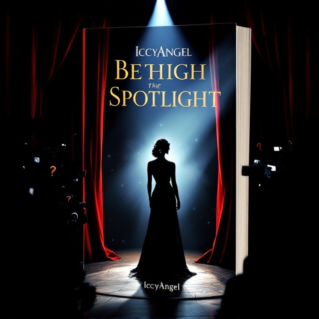 A shadowed, glamorous actress standing under a spotlight on a stage, partly covered by heavy red curtains. In the background, the silhouettes of paparazzi and reporters with flashing cameras. Subtle reflections of broken-hearted symbols and question marks subtly blend into the curtain.