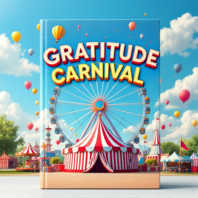 A vibrant, dynamic scene featuring a sprawling carnival landscape. A gigantic Ferris wheel dominates the background, flanked by colorful balloons soaring into a bright blue sky. In the foreground, a large circus tent with red and white stripes takes center stage. Smaller elements like a carousel and a candy stall add to the playful, bustling atmosphere.