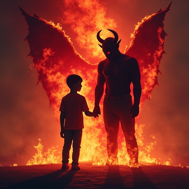 The cover features a striking image of a young boy standing side by side with a menacing figure symbolizing the devil. They are linked by holding hands, and a vivid swirl of flames engulfs their surroundings. The fiery scene casts dramatic shadows and highlights, with the color palette dominated by intense reds, oranges, and occasional licks of dark smoke that fade into the background. The devil's silhouette is subtly outlined with sharp, angular lines, contrasting with the boy's softer, more innocent features.