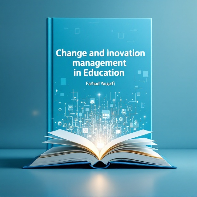 A bright and dynamic light blue background, symbolizing growth and innovation, with abstract geometric shapes in varying smaller shades of blue and white, representing change and progress. An open book image in the lower center with emerging digital elements like circuit patterns or tech icons rising from it, illustrating the interplay of traditional and digital education.