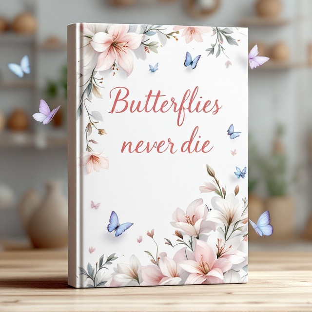 Delicate white and pink lilies are arranged in a cascading manner from the top-left corner to the bottom-right corner of the cover. Several butterflies, in shades of pastel blues and purples, are scattered around the lilies, some appearing to flutter, while others rest on the petals. The background features a soft, watercolor illustration of an outdoor shop with pottery items displayed, creating a serene, tranquil atmosphere.