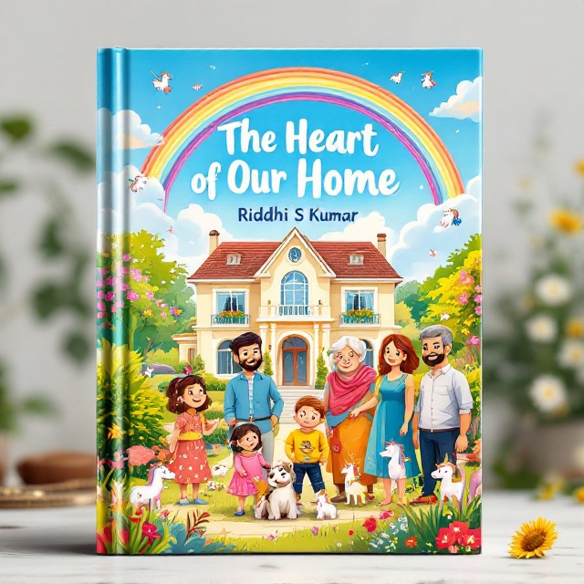 The cover features a vibrant, illustrated garden scene with a large villa house in the background. The sky is blue with a few fluffy white clouds and a delicate rainbow arcing gracefully across. In the foreground, Riddhi (an 8-year-old girl) and Kartik (a 2-year-old boy) are playing happily with their pet dog, Jacky. The parents stand lovingly behind them, smiling warmly. The grandparents are seated on a garden bench to the right, exuding joy and wisdom. The younger uncle and aunt stand to the left, holding their 2-year-old son, Aadu. Tiny unicorns are playfully flying around the rainbow.