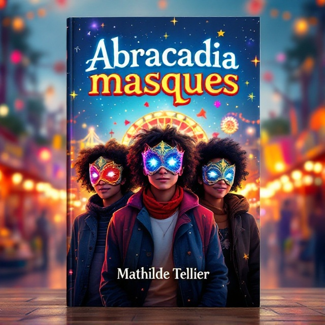 A burst of colors with festive carnival elements as the backdrop. A group of three teenagers, with different ethnicities, stand prominently on what looks like a carnival street. Each wears a uniquely designed magical mask with glowing highlights. Various carnival elements like a Ferris wheel, colorful stalls, and strings of lights can be seen in the background, enhancing the feel of festivity and adventure.