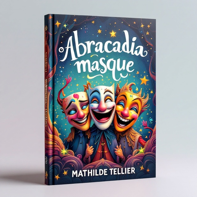 The cover features a whimsical and vibrant illustration of three animated masks — Pantalon, Baé, and Abou — in a playful, dynamic pose. Pantalon is depicted with a comically shortened nose, highlighted with bright colors and a touch of sparkling magic to represent Fleur’s transformation. Baé and Abou are shown in mid-laughter, as if commenting on the situation. Behind them, a background of swirling, enchanted wood textures hints at Fleur's craftsmanship and the magical aspect of the story. The edges of the cover have tiny carnival motifs like confetti and small magical lights to emphasize the atmosphere of celebration and adventure.