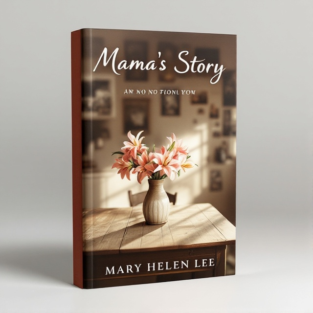 A warmly lit sepia-toned photograph of an old family kitchen table with vibrant lilies in a vase sitting atop it, casting a gentle shadow. Around the photo, there are softly blurred images suggesting family gatherings and cherished memories.