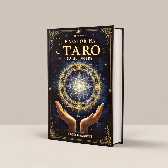 The cover features a central Tarot card "The Magician" glowing with a luminous aura. The card is set against a dark, cosmic background filled with stars and swirling mystical patterns. Surrounding the central card are subtle alchemical symbols, crescent moons, and stars, forming a mandala-like frame. Below the card, two hands are depicted, palms facing up, as if channeling energy toward the card. The entire scene is bathed in rich hues of dark blue, purple, and gold, creating a sense of depth and intrigue.