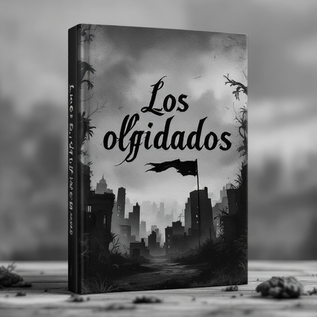 The cover features a bleak, desolate cityscape in shades of grey and black. In the foreground, silhouettes of crumbling buildings dominate the view, with broken windows and overgrown plants creeping along the edges. In the background, an overcast sky hangs heavy, casting a somber shade across the scene. Near the bottom, a torn, weathered flag flutters, symbolizing a fallen society.