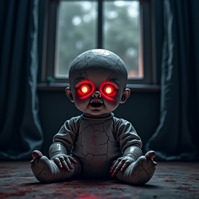 [A creepy doll with cracked porcelain skin and red glowing eyes is sitting on the floor. The background features dark, heavy curtains that are slightly open, revealing flashes of a thunderstorm outside. There are eerie shadows cast on the walls, amplifying the creepiness of the scene.].