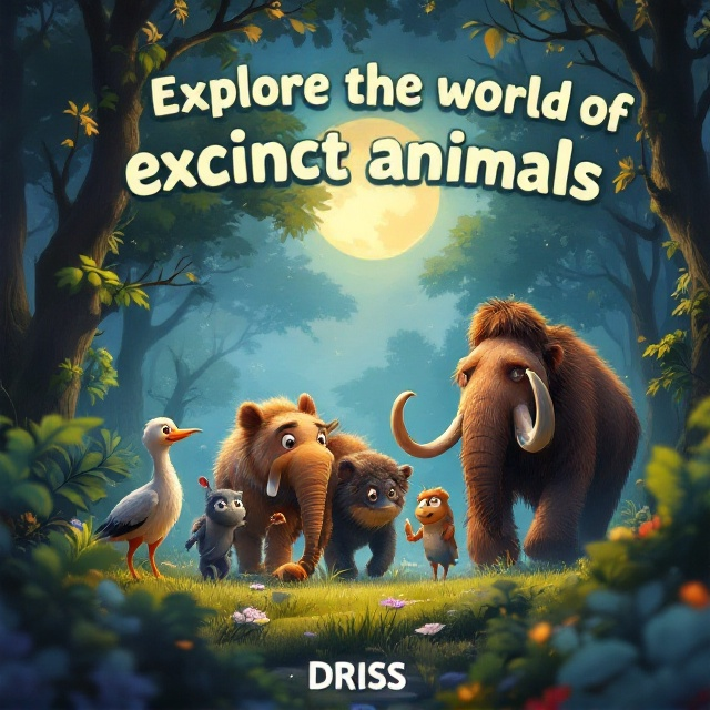A vivid animated scene showcasing a group of playful, yet mysterious extinct animals such as a Dodo, a Smilodon, and a Woolly Mammoth walking gracefully in a lush, cartoon-style forest awash with gentle greens and dappled moonlight filtering through the leaves. In the foreground, a landscape exudes a sense of suspense and fun as the animals glance curiously at the reader, creating an aura of mystery and wonder.