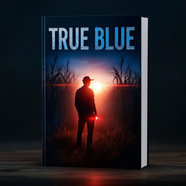 The cover features an image of a young male sheriff, wearing a baseball cap, standing in tall grass. He is positioned slightly off-center to the left, facing a distant, shadowy cornfield with the sun rising behind the horizon. Red and blue police lights emanate from his back, casting a dramatic glow in the misty morning air. The background merges from dark to light, accentuating the sheriff's figure and the field.