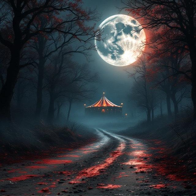 A dramatic moonlit scene captures a dirt road faintly shining with blood trailing through the shadows toward a dimly glowing circus tent in the distance. The foreground is dominated by dark and eerie trees casting long shadows with hints of fog weaving through. The ominous cluster of red and orange hues illuminates the scene sparingly, emphasizing the sense of fear and insanity.