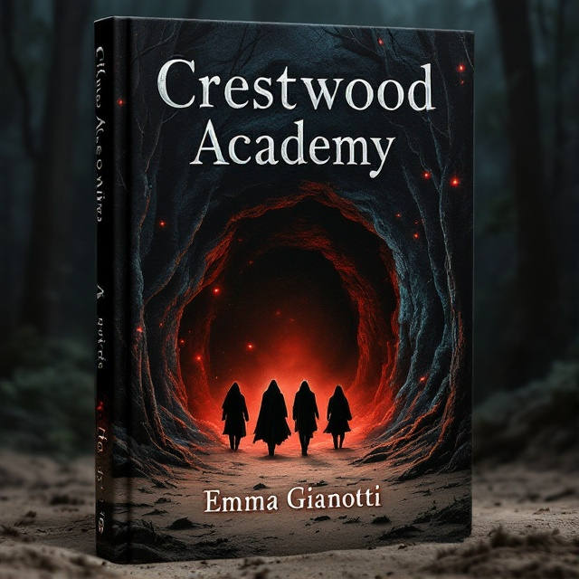 The cover features a dark cave at the center with glowing red eyes peering from inside. Red mist floats out and drifts across a sandy forest floor. The forest is dense, with tall, shadowy trees flanking both sides. Three figures, cloaked and mysterious, are seen walking into the mouth of the cave.