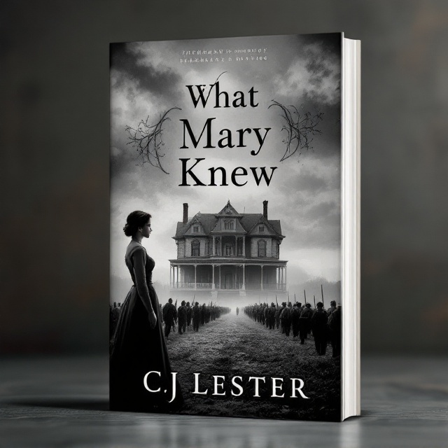 The cover features a woman in 1860's attire standing to the side. She sorrowfully gazes at her grand Victorian house, which is in the mid-ground. Behind her, Sherman’s army is marching off into the distance, slightly faded to denote the historical and suspenseful elements. The entire cover uses various shades of grey, with subtle pops of lighter whites and blacks to highlight details and create contrast.