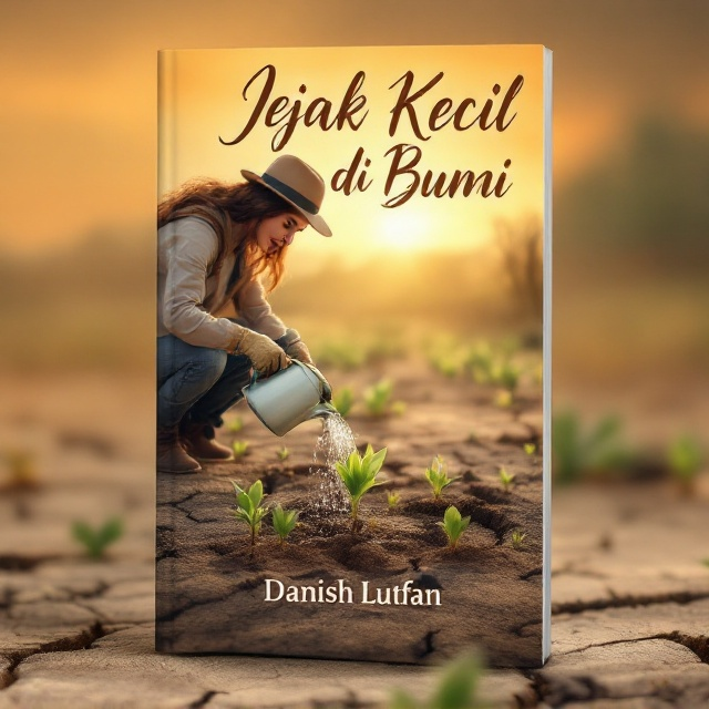 The cover features a dry and barren land with visible cracks, where small bright green buds are emerging from the soil. A woman wearing casual clothes, gardening gloves, and a hat is in the foreground, watering the buds. Drops of water are seen gently falling onto the buds. The morning sky in the background is a warm orange, adding a touch of hope and new beginnings to the scene.