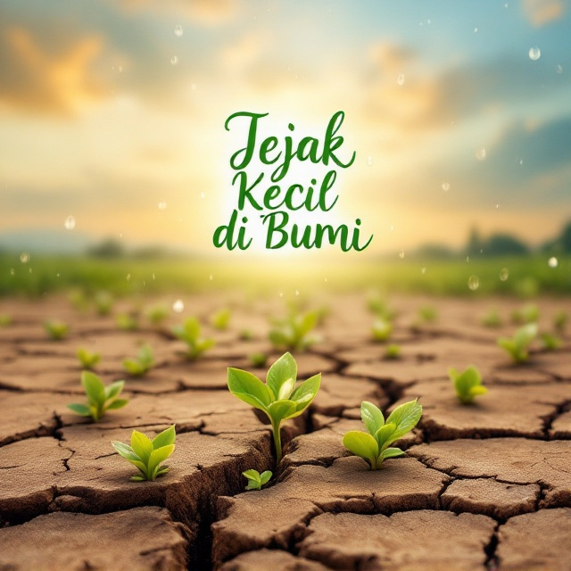 The cover depicts a dry and barren land with prominent cracks. Between the cracks, small, bright green buds are seen growing. Water droplets are shown delicately falling onto the buds, symbolizing hope and rejuvenation. The sky background is a mix of warm orange and soft blue hues, setting a serene and magical morning atmosphere.
