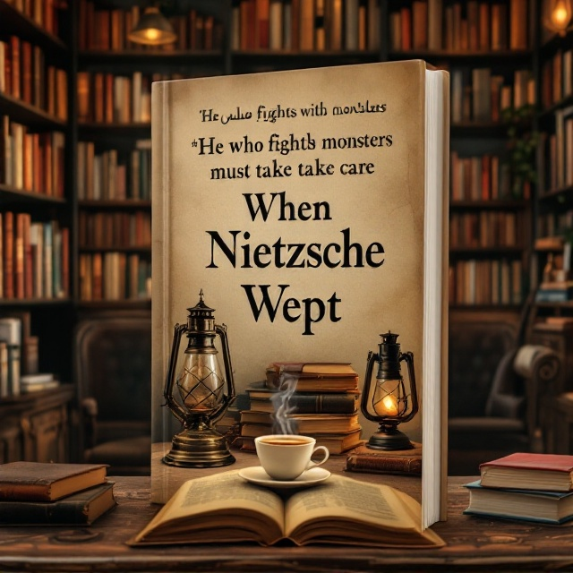 The cover features an intimate café setting with warm, rustic colors. Shelves filled with books line one side, with antique wooden furniture arranged for a cozy ambiance. A prominent table in the center holds a steaming cup of coffee, an old-fashioned oil lamp, and a stack of old books. The background is subtly textured, resembling a worn-out parchment.