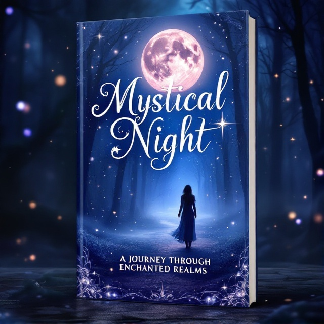 The cover showcases a dark, enchanted forest bathed in deep blues and purples. A lone figure stands on a misty path in the center, facing the forest. Above the forest, a large glowing moon illuminates the scene, casting an ethereal light. Surrounding the figure are delicate sparkles and glowing orbs that seem to float in the air, intertwined with touches of stardust that add a magical feel.